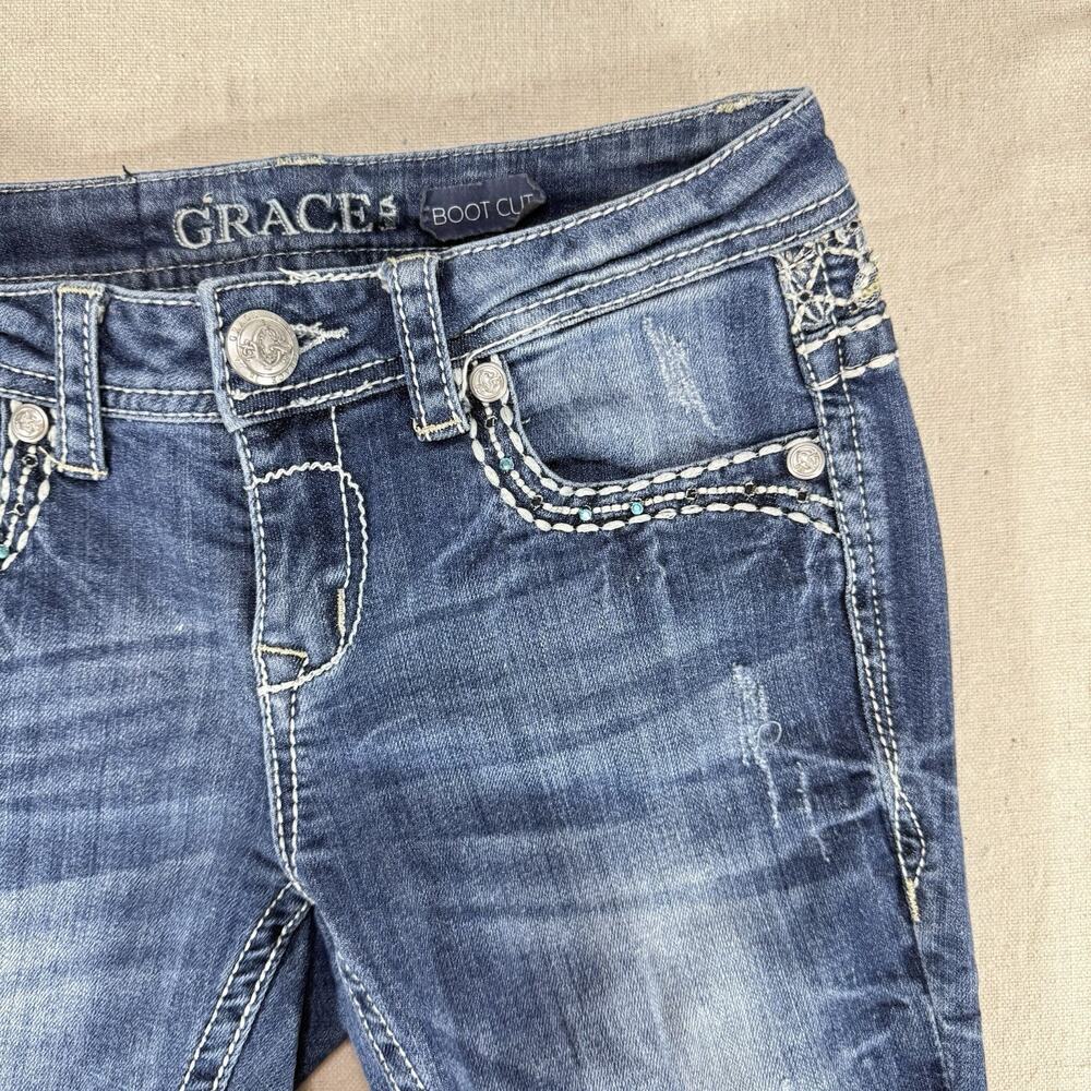 Grace Women's 27 Bootcut Jeans Medium Wash Embellished Rhinestone Flap Pocket - Picture 4 of 13